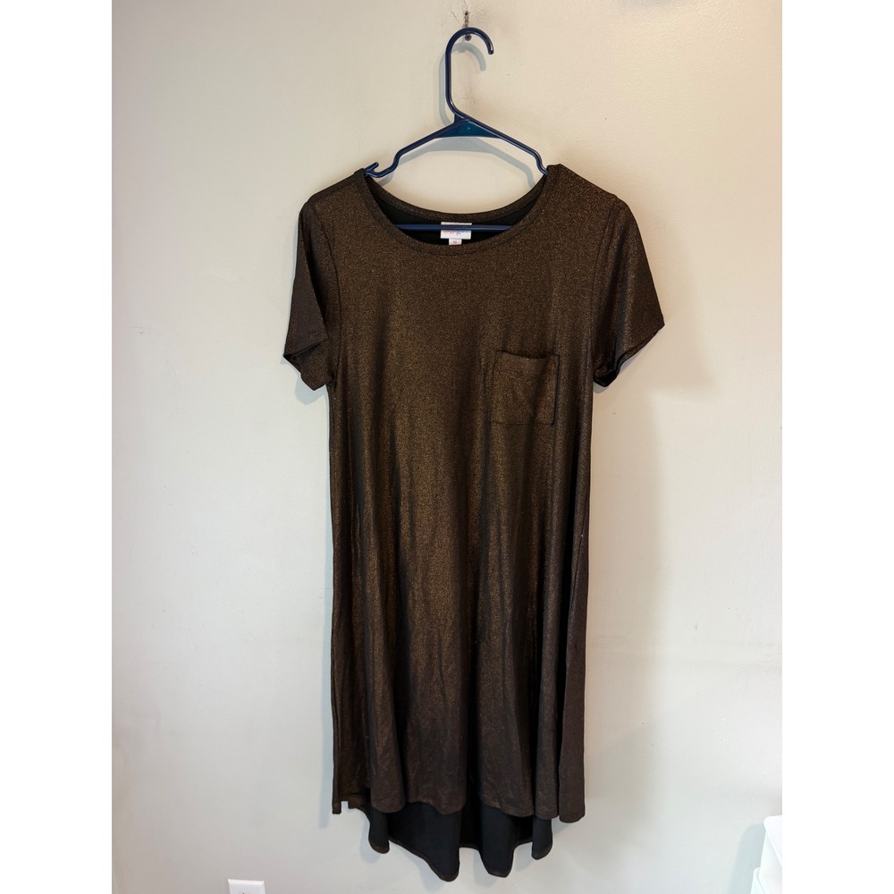 LuLaRoe Carly‎ Dress Womens Medium Bronze Metallic Shimmer High Low Swing Pocket